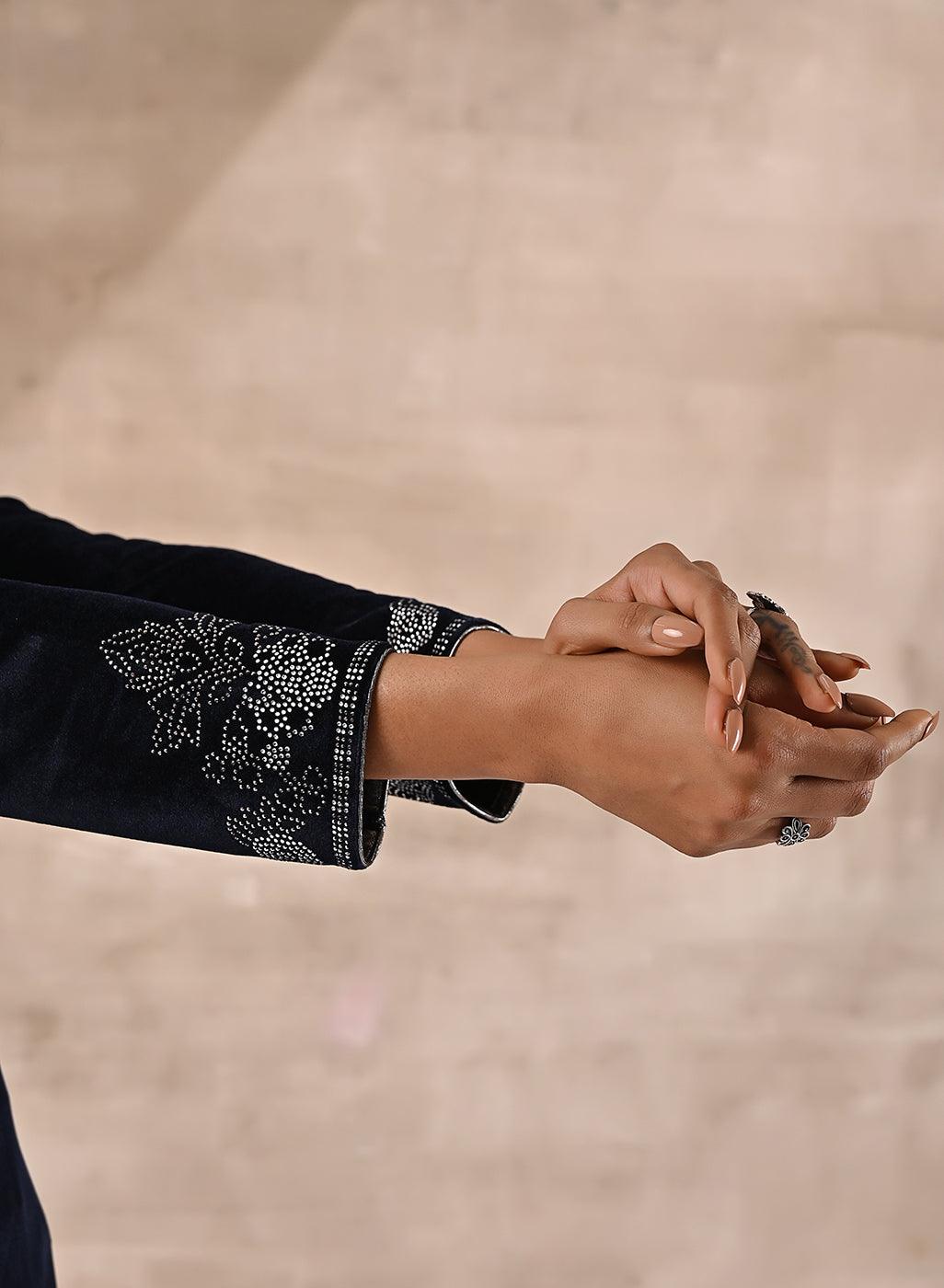 Fine mirror beads work on the sleeves of Purple Velvet Kurta by Lakshita Fashion