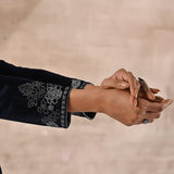 Fine mirror beads work on the sleeves of Purple Velvet Kurta by Lakshita Fashion