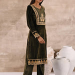 Olive Velvet Kurta Set With Heavy Front Yoke Zari Embroidery - Lakshita