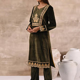 Olive Velvet Kurta Set With Heavy Front Yoke Zari Embroidery - Lakshita