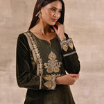 Olive Velvet Kurta Set With Heavy Front Yoke Zari Embroidery - Lakshita