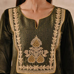 Olive Velvet Kurta Set With Heavy Front Yoke Zari Embroidery - Lakshita