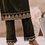Olive Velvet Kurta Set With Heavy Front Yoke Zari Embroidery - Lakshita