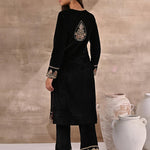Charcoal Black Velvet Kurta Set With Heavy Front Yoke Zari Embroidery - Lakshita