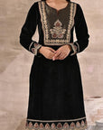 Charcoal Black Velvet Kurta Set With Heavy Front Yoke Zari Embroidery