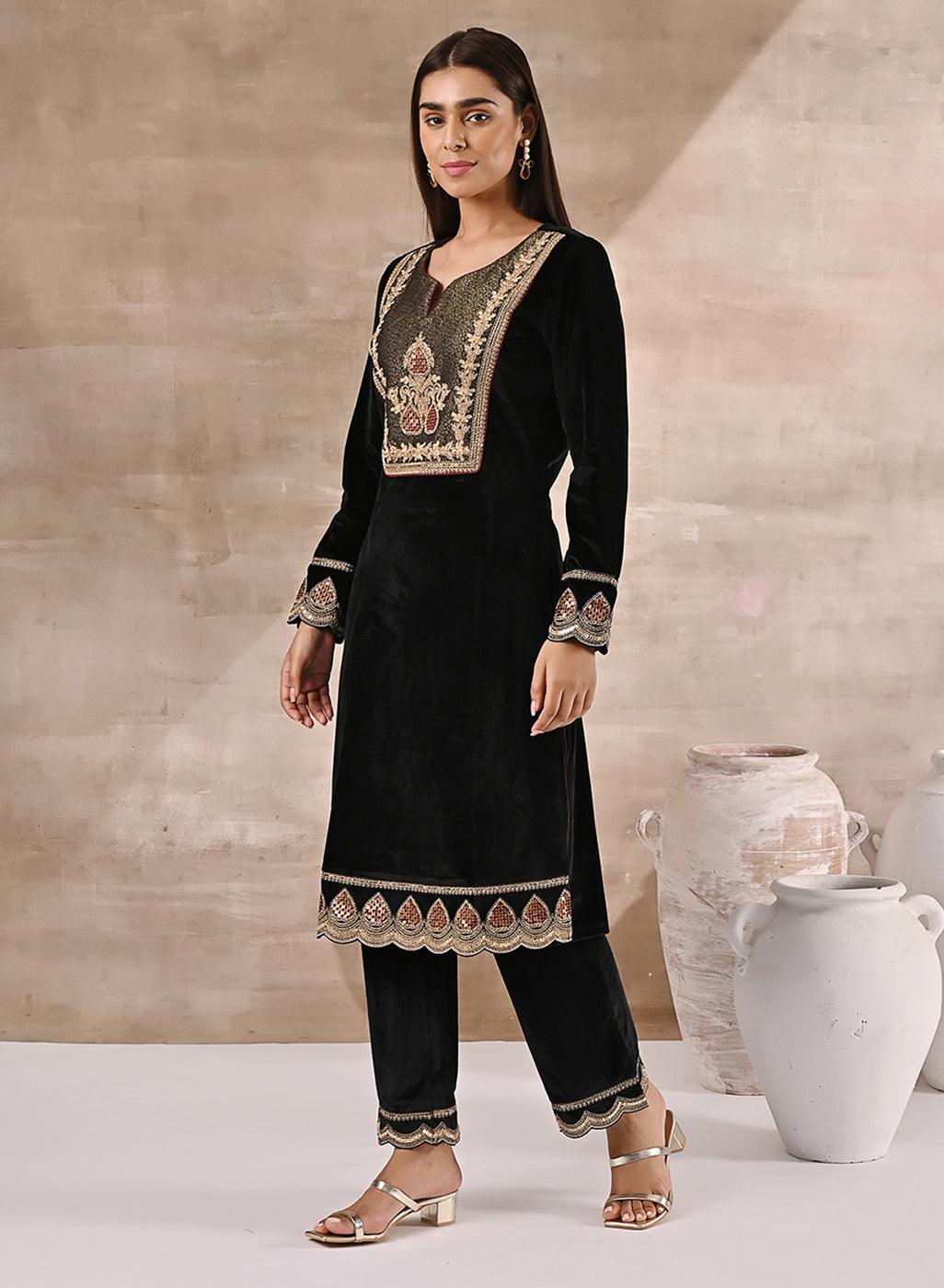 Charcoal Black Velvet Kurta Set With Heavy Front Yoke Zari Embroidery - Lakshita