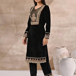Charcoal Black Velvet Kurta Set With Heavy Front Yoke Zari Embroidery - Lakshita