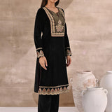 Charcoal Black Velvet Kurta Set With Heavy Front Yoke Zari Embroidery - Lakshita