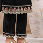 Charcoal Black Velvet Kurta Set With Heavy Front Yoke Zari Embroidery - Lakshita