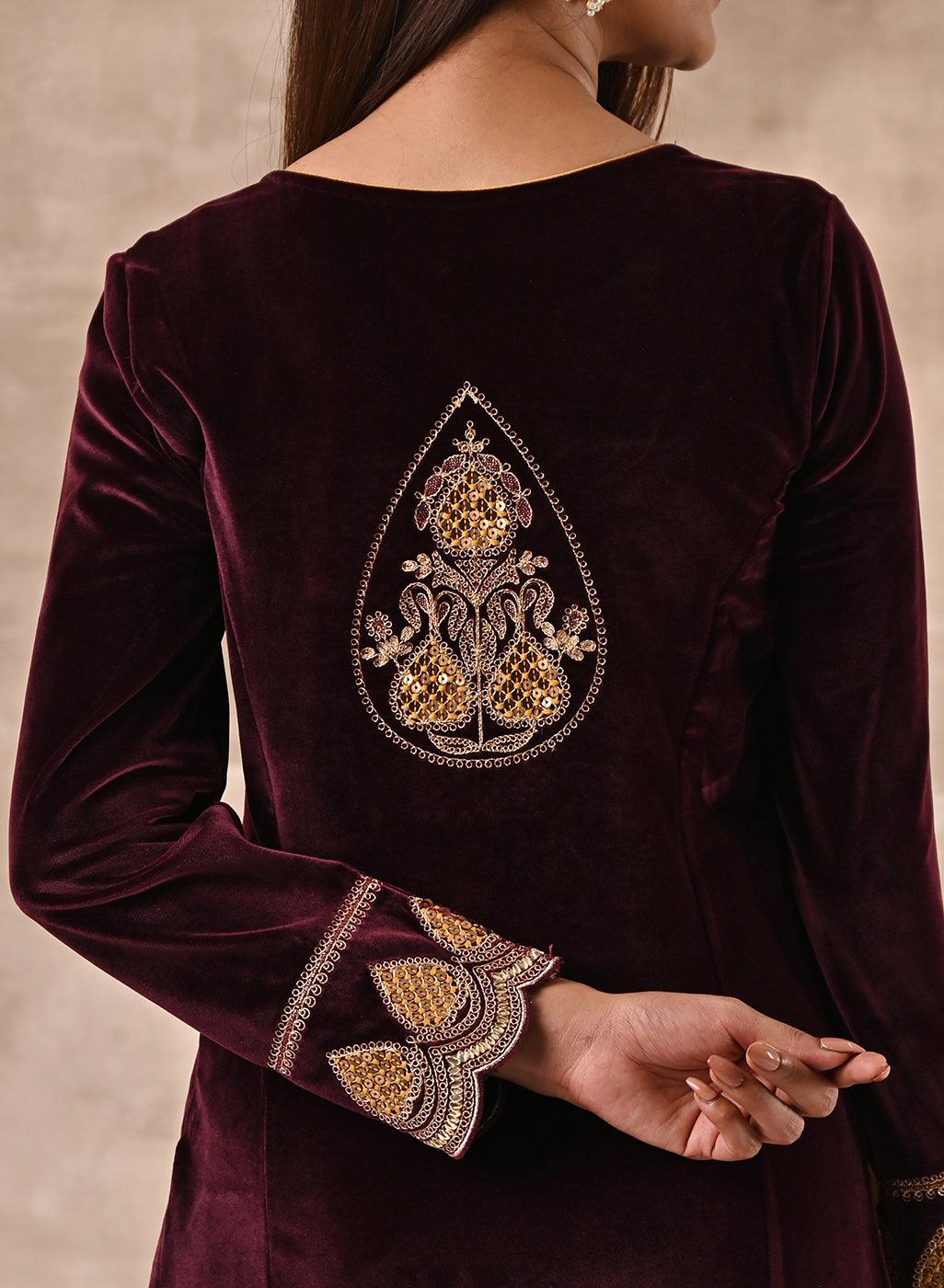Maroon Velvet Kurta Set With Heavy Front Yoke Zari Embroidery - Lakshita