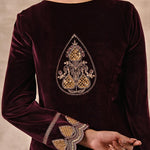 Maroon Velvet Kurta Set With Heavy Front Yoke Zari Embroidery - Lakshita