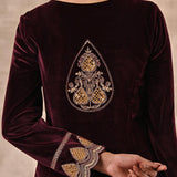 Maroon Velvet Kurta Set With Heavy Front Yoke Zari Embroidery - Lakshita