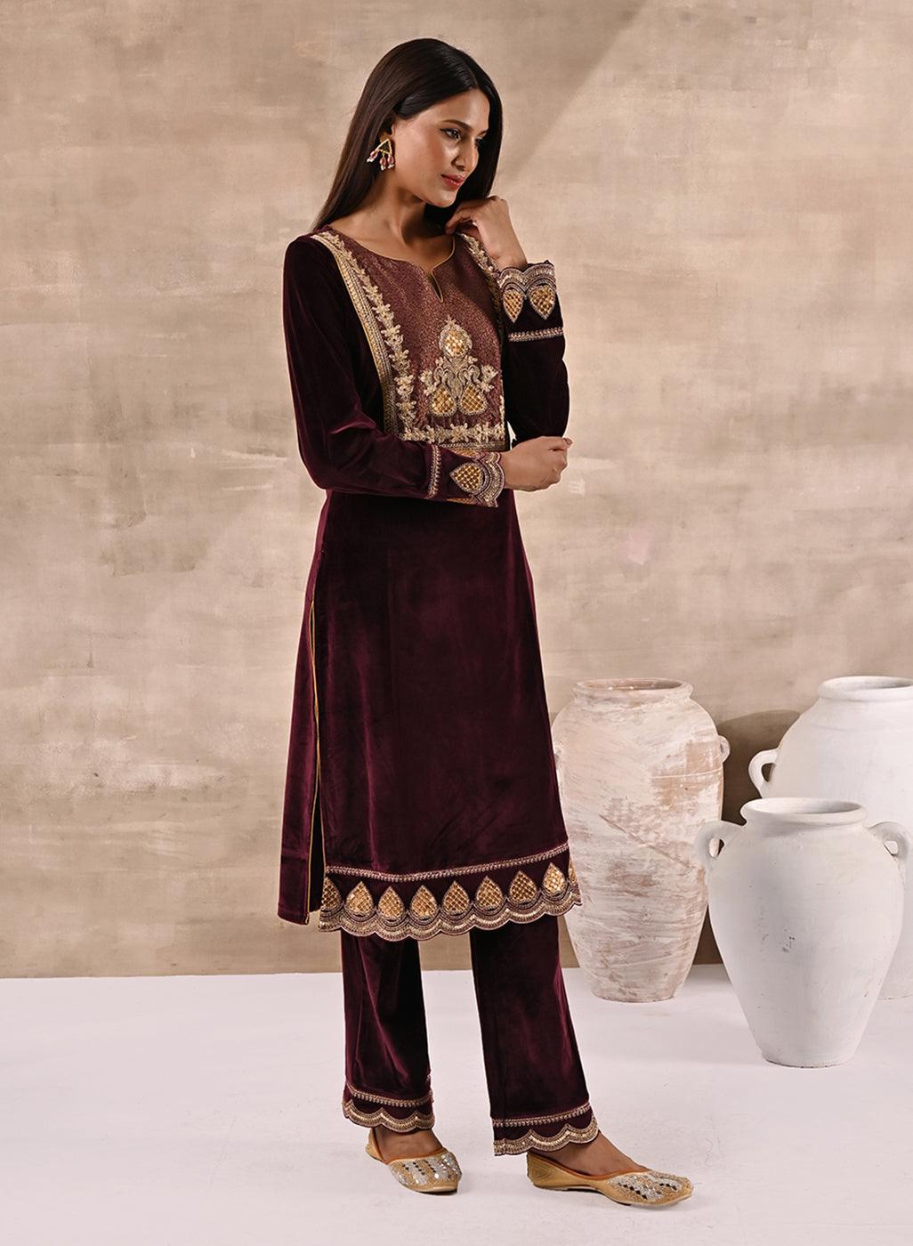 Maroon Velvet Kurta Set With Heavy Front Yoke Zari Embroidery - Lakshita