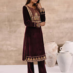 Maroon Velvet Kurta Set With Heavy Front Yoke Zari Embroidery - Lakshita