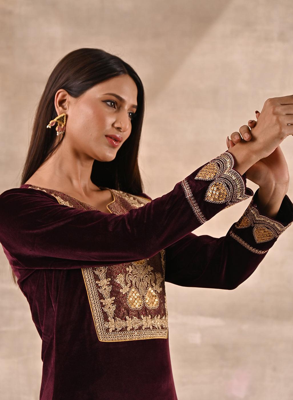 Maroon Velvet Kurta Set With Heavy Front Yoke Zari Embroidery - Lakshita