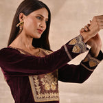 Maroon Velvet Kurta Set With Heavy Front Yoke Zari Embroidery - Lakshita