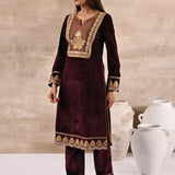 Maroon Velvet Kurta Set With Heavy Front Yoke Zari Embroidery - Lakshita