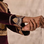 Maroon Velvet Kurta Set With Heavy Front Yoke Zari Embroidery - Lakshita