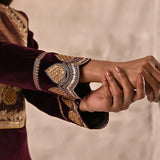 Maroon Velvet Kurta Set With Heavy Front Yoke Zari Embroidery - Lakshita