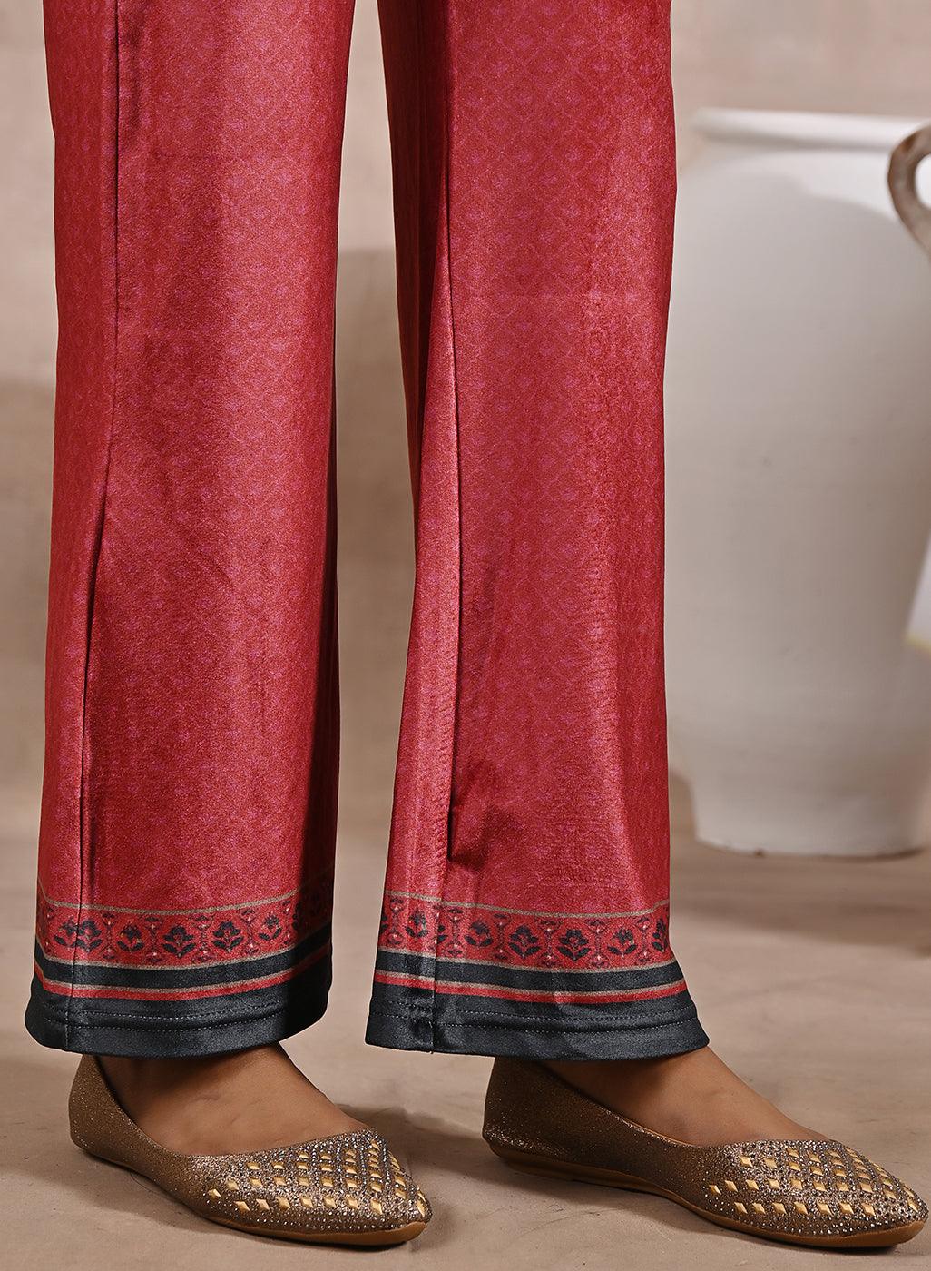 Red Ethnic Printed Velvet 3 Piece Kurta Set - Lakshita