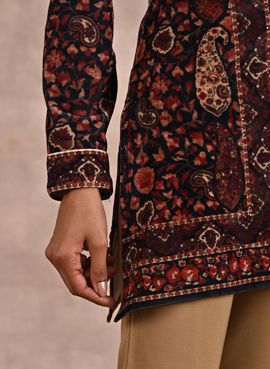 Black Multicolor Print Velvet Straight Kurti - Lakshita