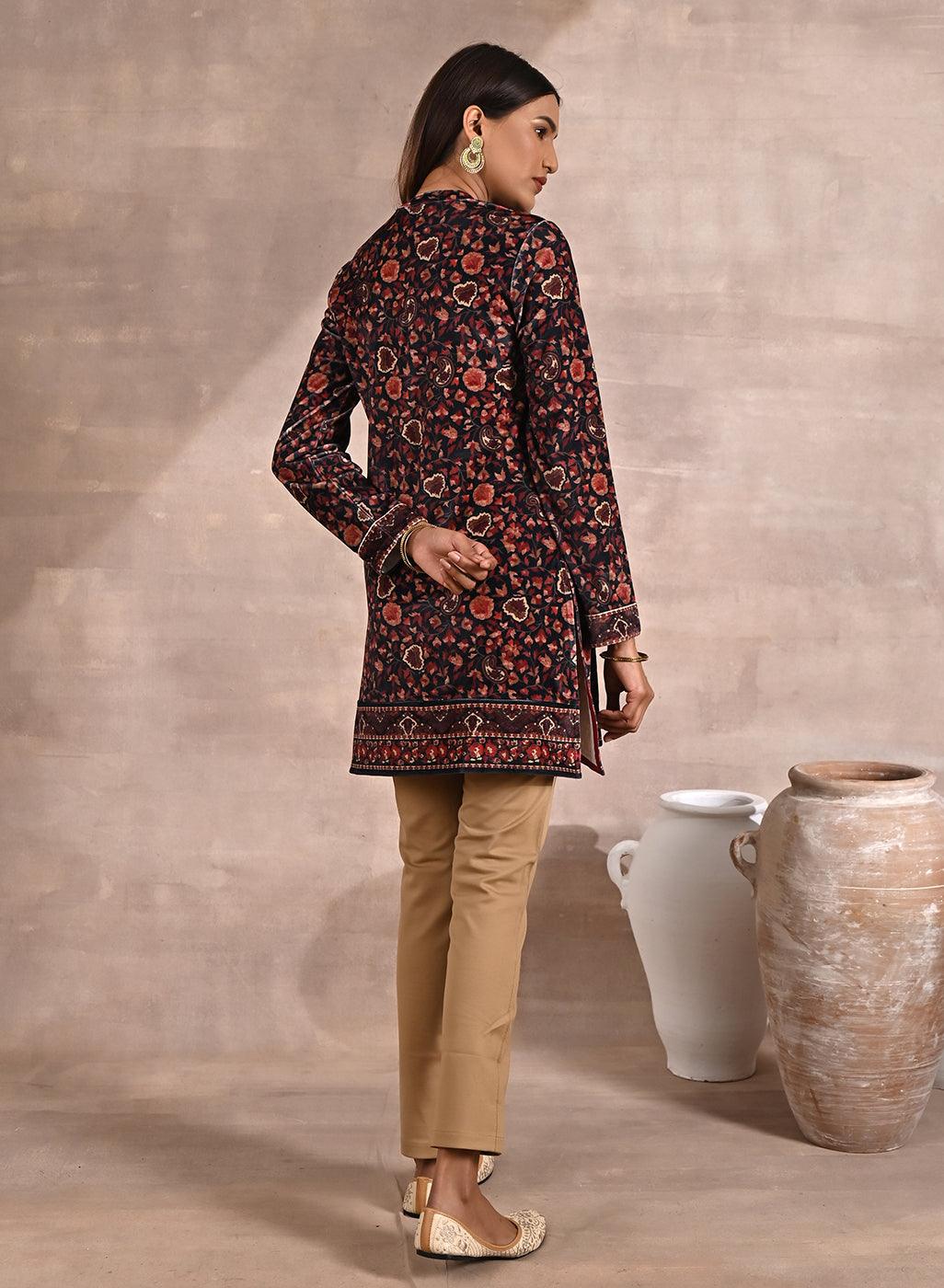 Black Multicolor Print Velvet Straight Kurti - Lakshita