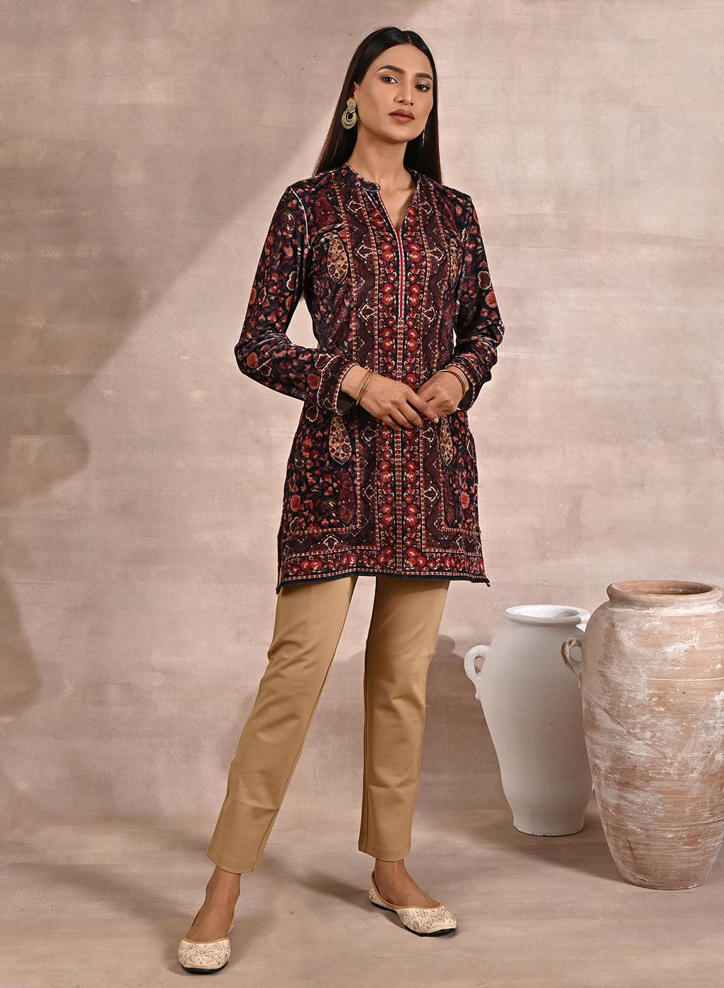 Black Multicolor Print Velvet Straight Kurti - Lakshita
