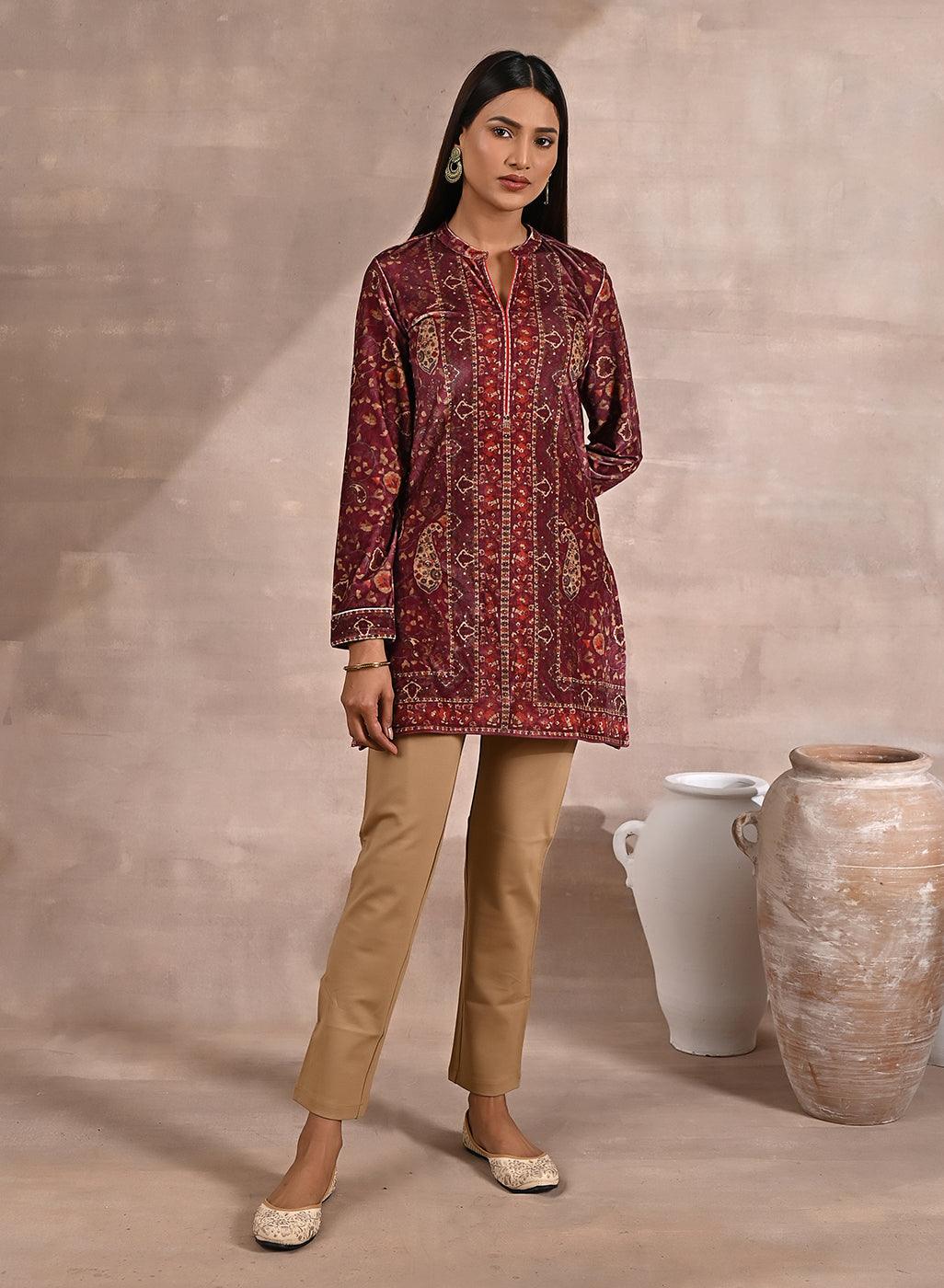 Maroon Multicolor Print Velvet Straight Kurti - Lakshita