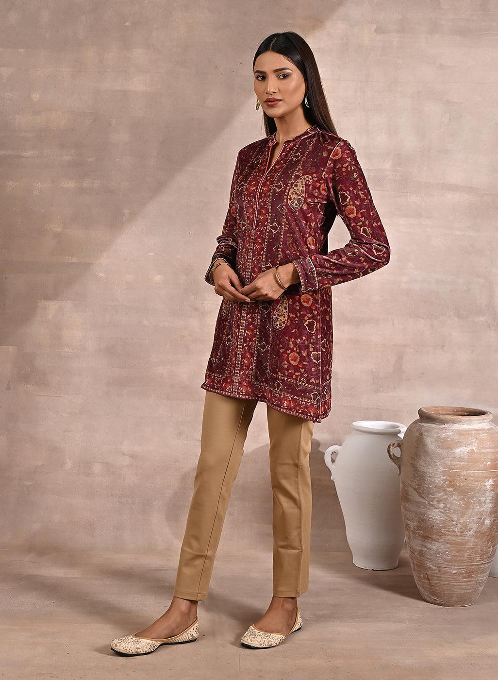 Maroon Multicolor Print Velvet Straight Kurti - Lakshita