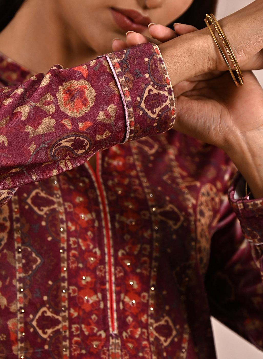 Maroon Multicolor Print Velvet Straight Kurti - Lakshita