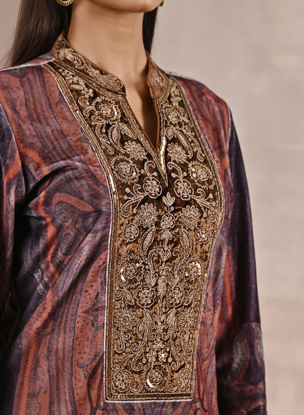 Purple Embellished Ethnic Marble Print Velvet Kurta Set - Lakshita