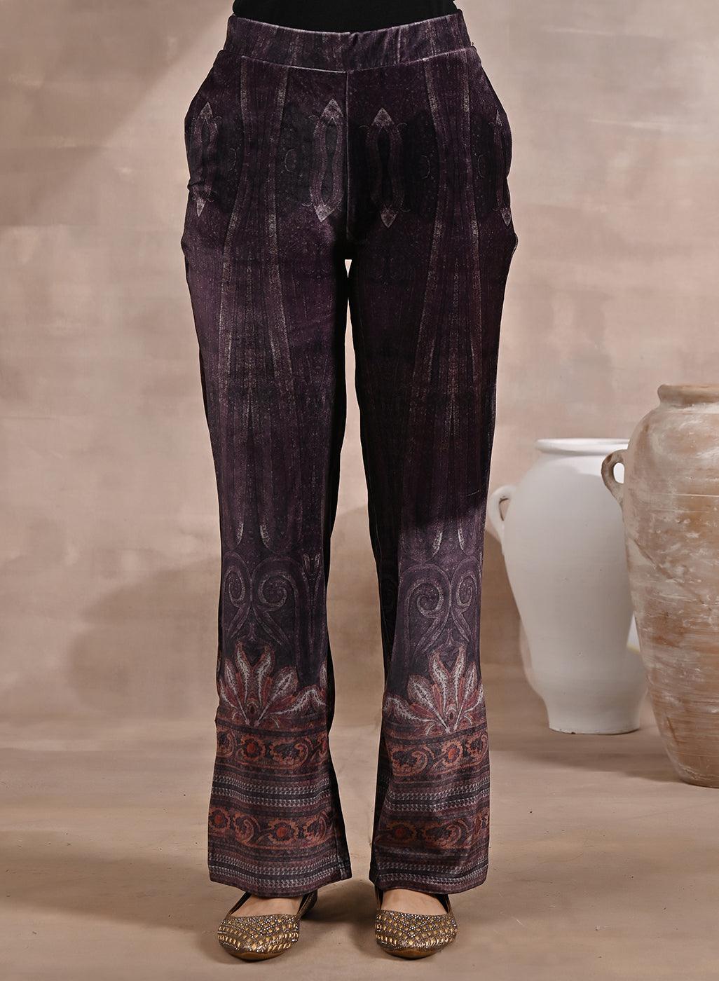 Purple Embellished Ethnic Marble Print Velvet Kurta Set - Lakshita