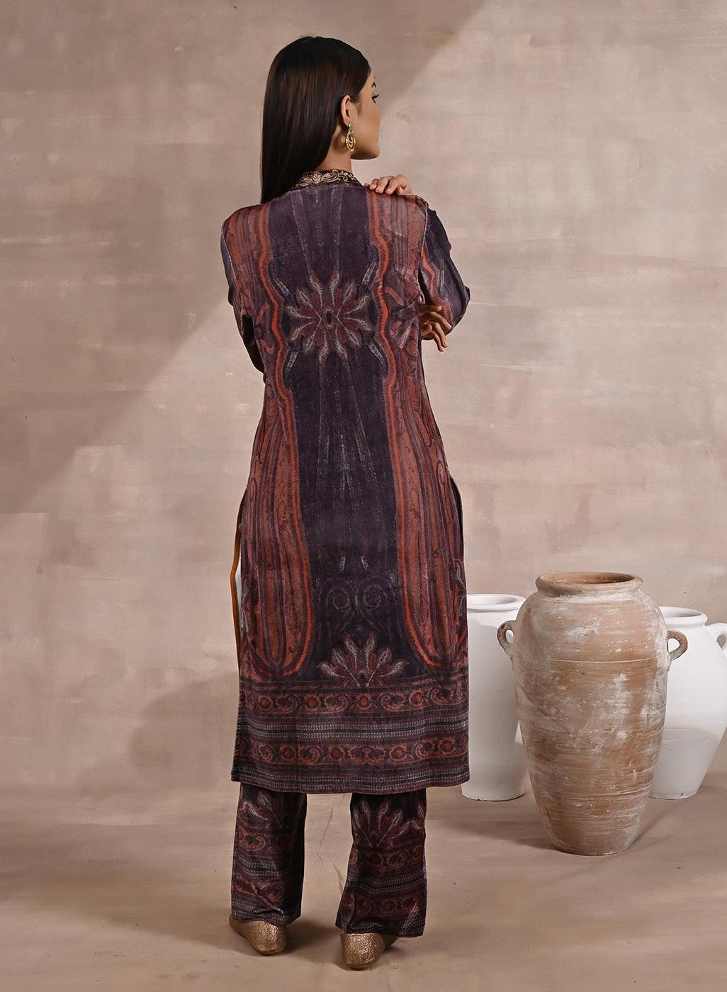 Purple Embellished Ethnic Marble Print Velvet Kurta Set - Lakshita