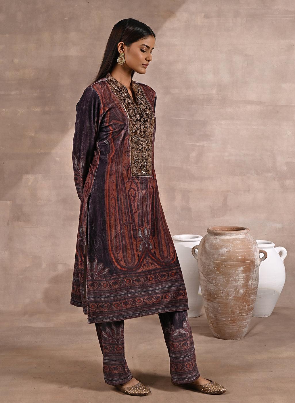 Purple Embellished Ethnic Marble Print Velvet Kurta Set - Lakshita