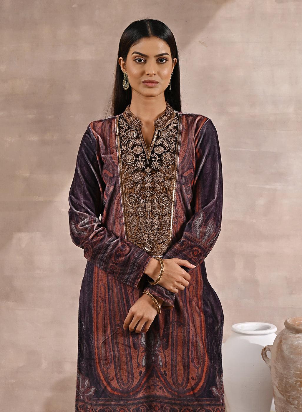 Purple Embellished Ethnic Marble Print Velvet Kurta Set - Lakshita