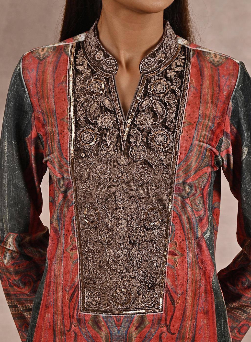 Green Embellished Ethnic Marble Print Velvet Kurta Set - Lakshita