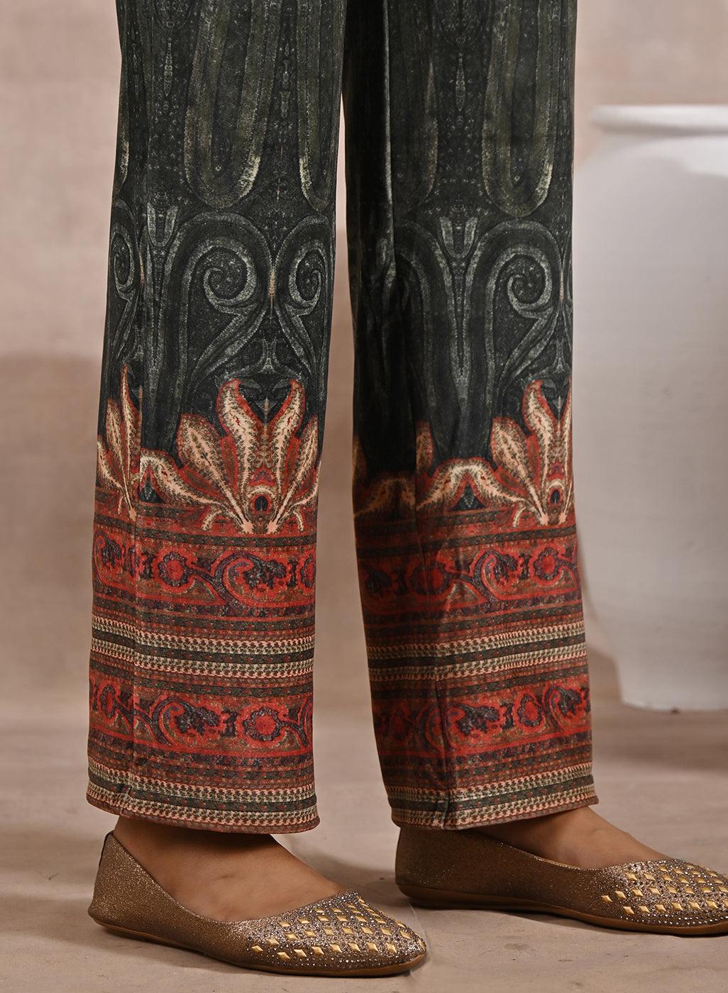 Green Embellished Ethnic Marble Print Velvet Kurta Set - Lakshita