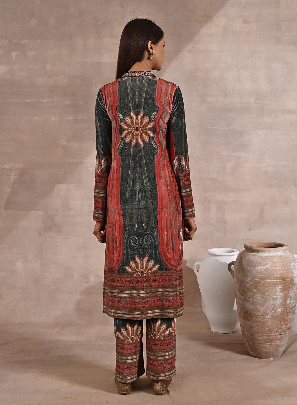 Green Embellished Ethnic Marble Print Velvet Kurta Set - Lakshita