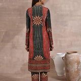 Green Embellished Ethnic Marble Print Velvet Kurta Set - Lakshita