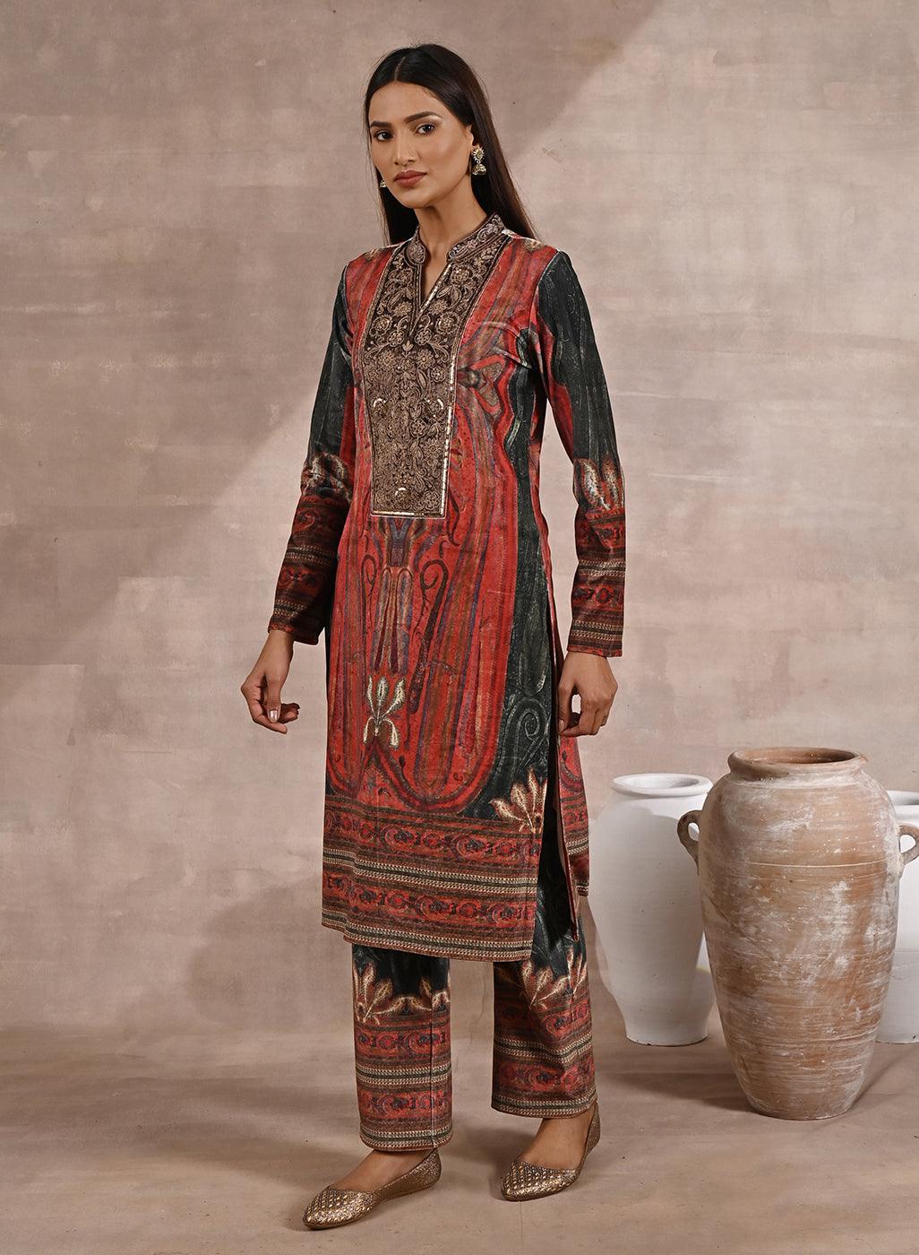 Green Embellished Ethnic Marble Print Velvet Kurta Set - Lakshita