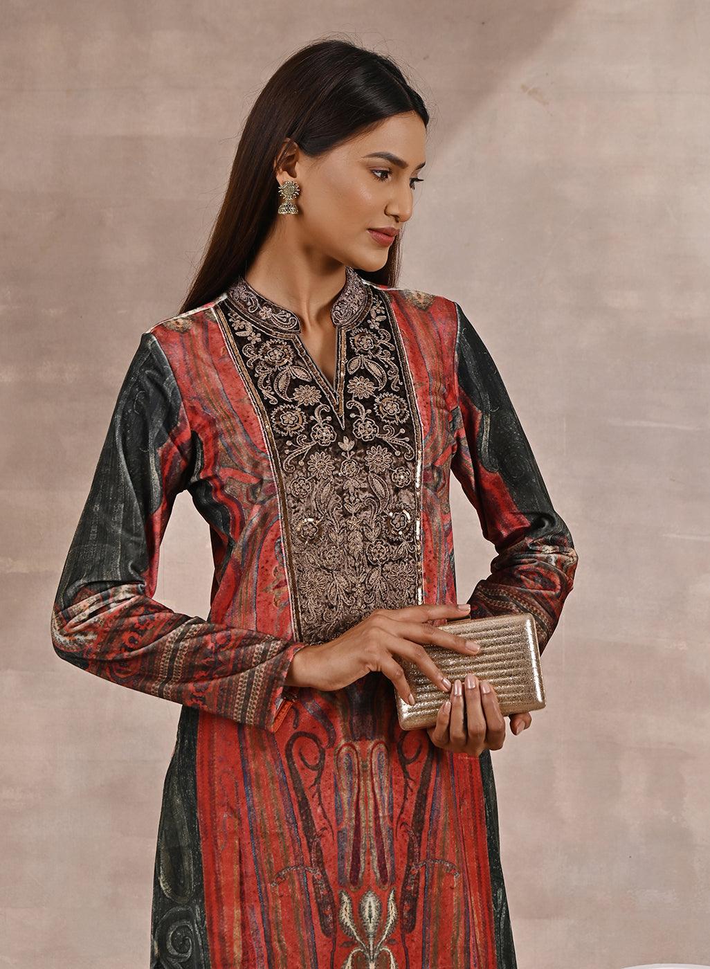 Green Embellished Ethnic Marble Print Velvet Kurta Set - Lakshita