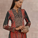 Green Embellished Ethnic Marble Print Velvet Kurta Set - Lakshita