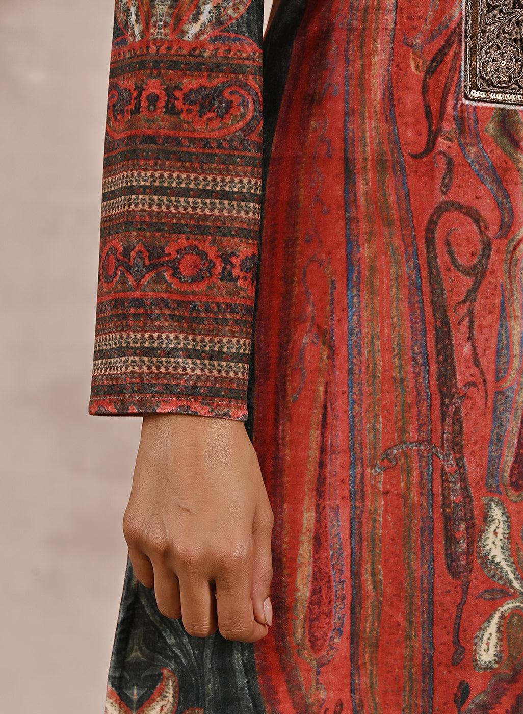 Green Embellished Ethnic Marble Print Velvet Kurta Set - Lakshita