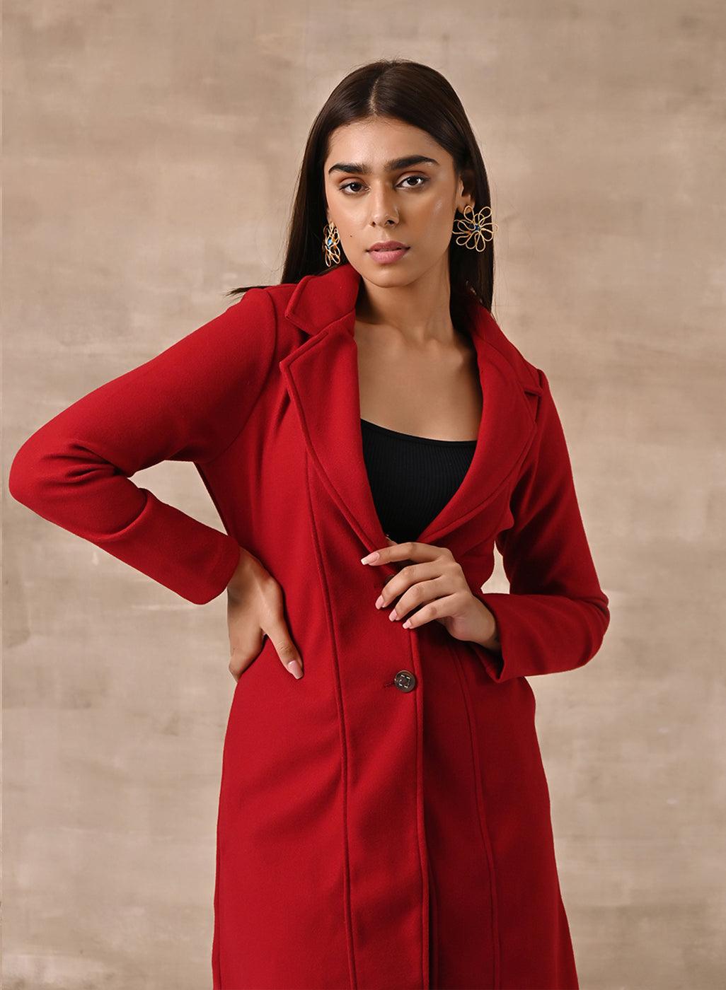 Red Long Trench Coat with Paneled Font and Button Detail - Lakshita