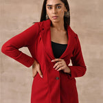 Red Long Trench Coat with Paneled Font and Button Detail - Lakshita