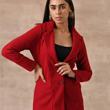 Red Long Trench Coat with Paneled Font and Button Detail - Lakshita