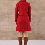 Red Long Trench Coat with Paneled Font and Button Detail - Lakshita