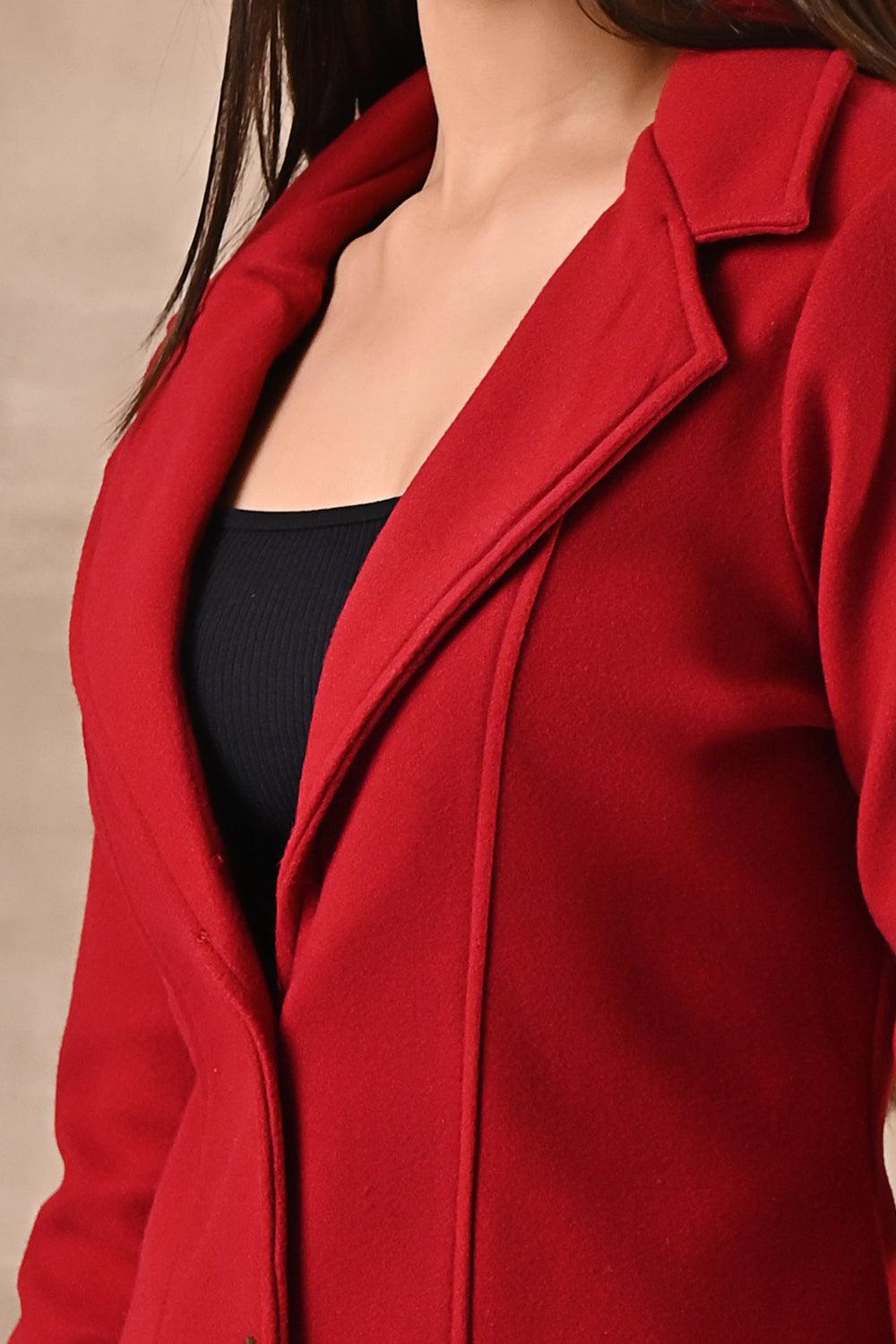 Red Long Trench Coat with Paneled Font and Button Detail - Lakshita