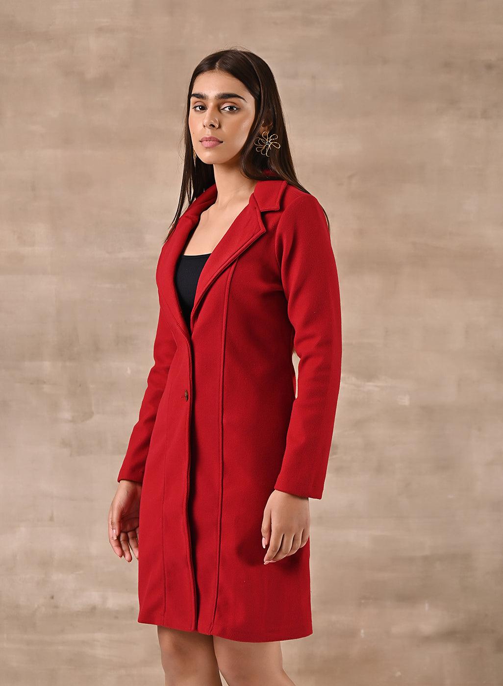 Red Long Trench Coat with Paneled Font and Button Detail - Lakshita