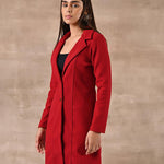Red Long Trench Coat with Paneled Font and Button Detail - Lakshita